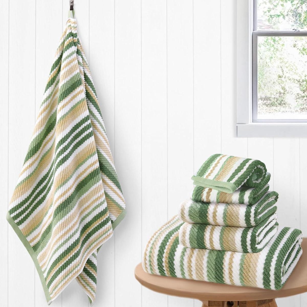 voova & movas sage green striped towels, cotton, main product view
