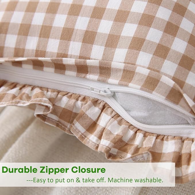 2 Pack Taupe Plaid Ruffle Gingham Lumbar Throw Pillow Shams, 100% Washed Cotton - Image 5