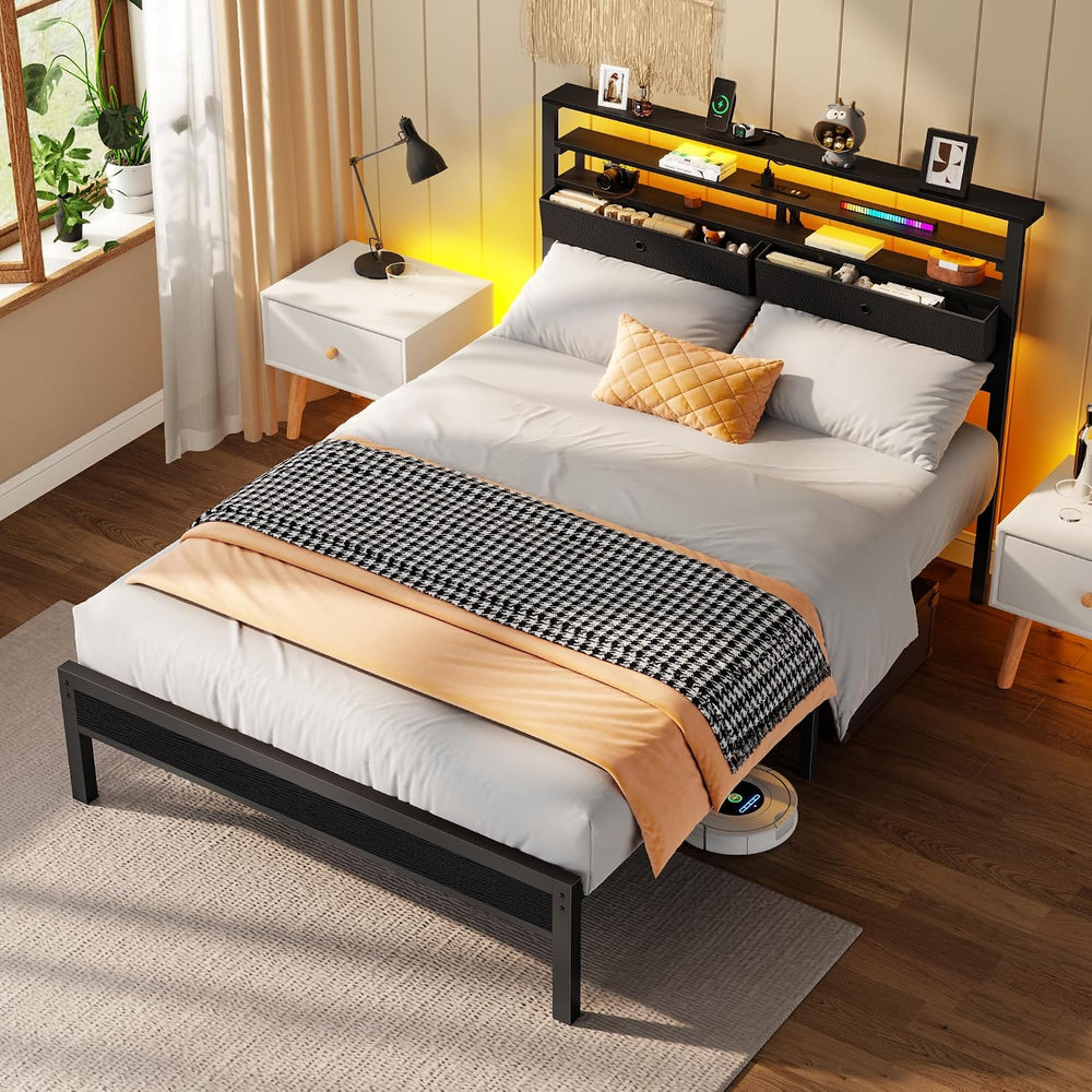 Furnulem Full Size Bed Frame with Headboard & 2 Fabric Drawers, Black Oak