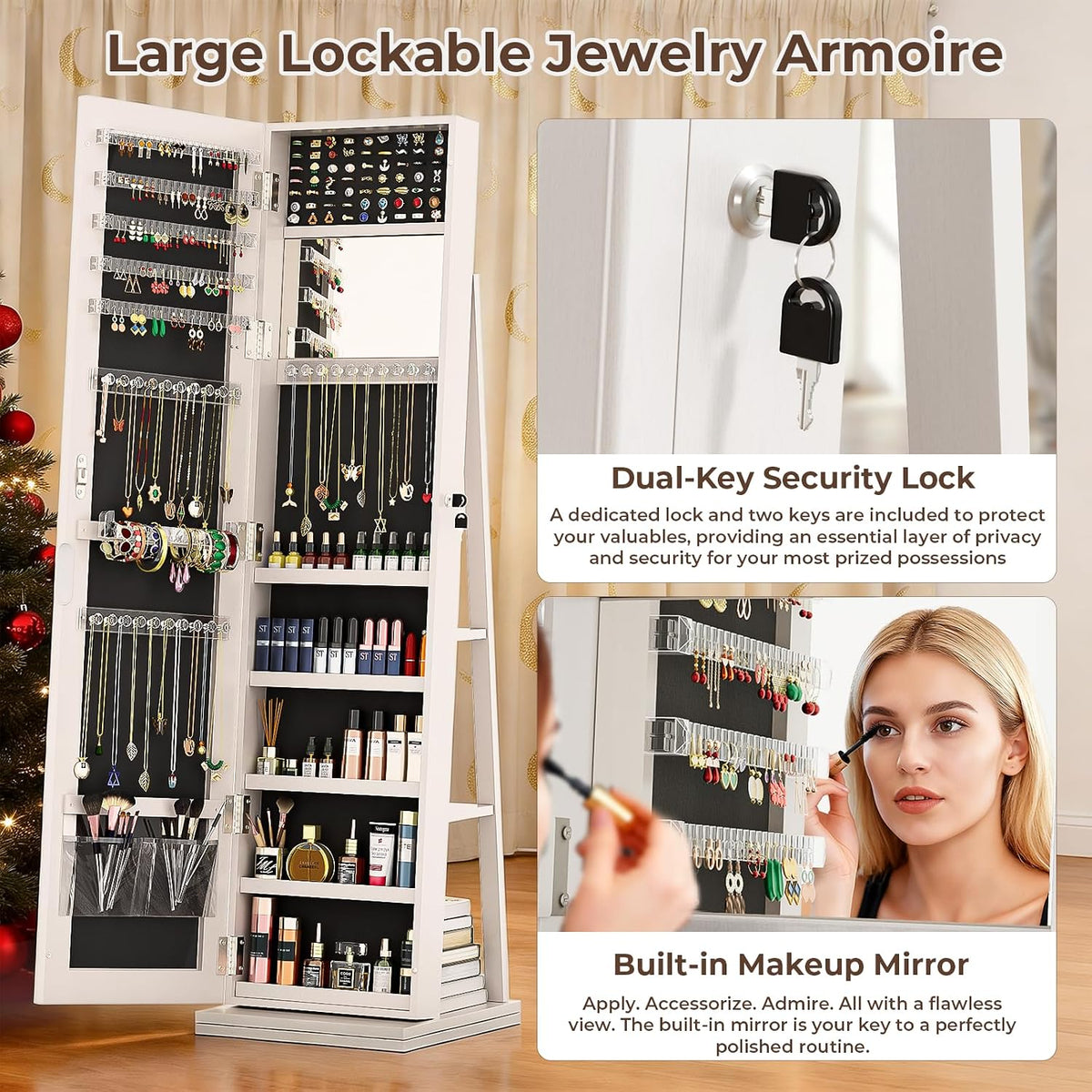 4-in-1 jewelry armoire with jewelry organizer storage, white showing dimensions