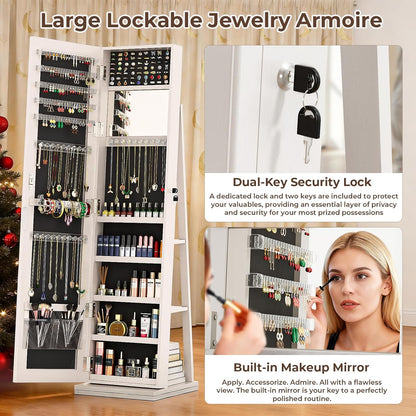 4-in-1 jewelry armoire with jewelry organizer storage, white showing dimensions