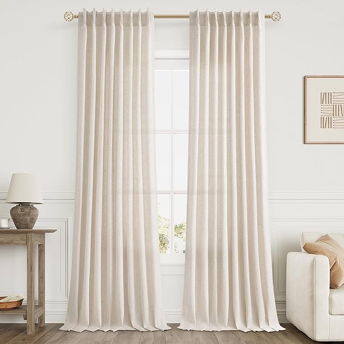 Natural Pinch Pleat Linen Curtains 134 Inch Length 2 Panels Set by Aersas