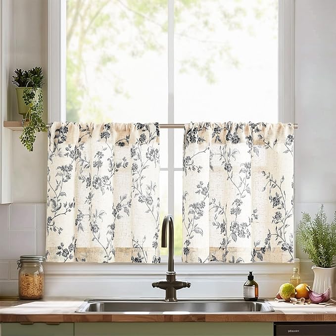 jinchan Floral Kitchen Curtains 24 Inch Linen Tier Curtains Farmhouse Cafe Half by JINCHAN