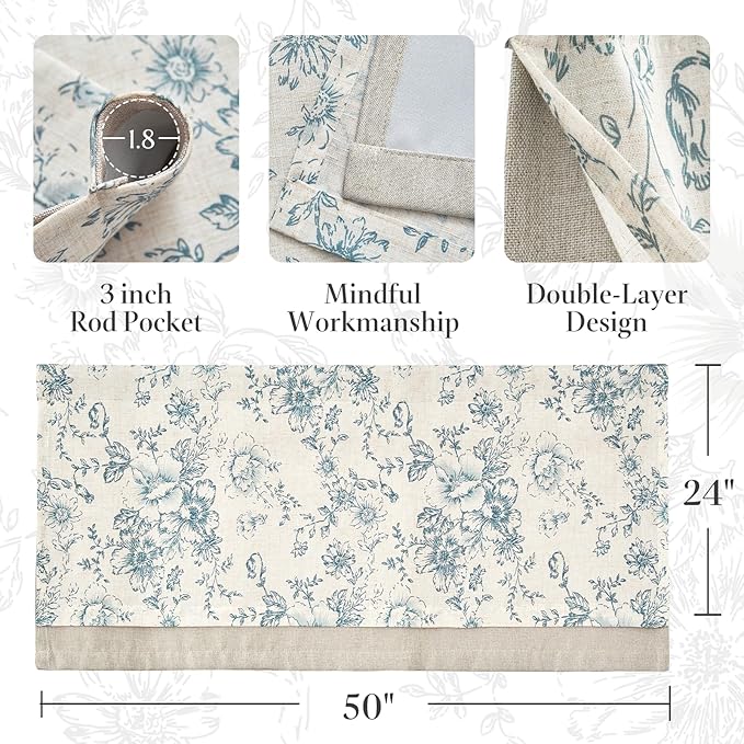 jinchan Linen Kitchen Curtain 24 Inch French Floral Double Layer Curtain - Image 8