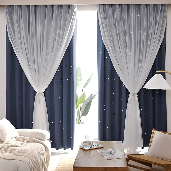 Kinryb Decorative Star Cut-Out Window Curtains Room Decoration Double Layer - Image 2