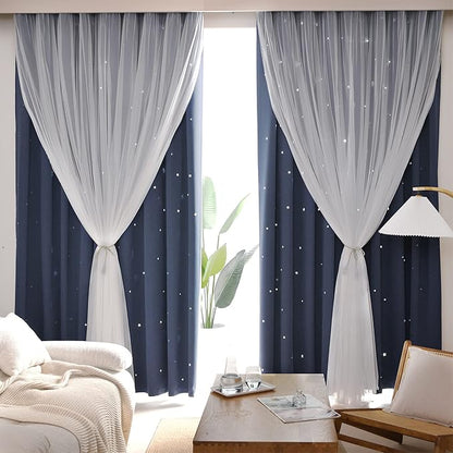 Kinryb Decorative Star Cut-Out Window Curtains Room Decoration Double Layer - Image 2