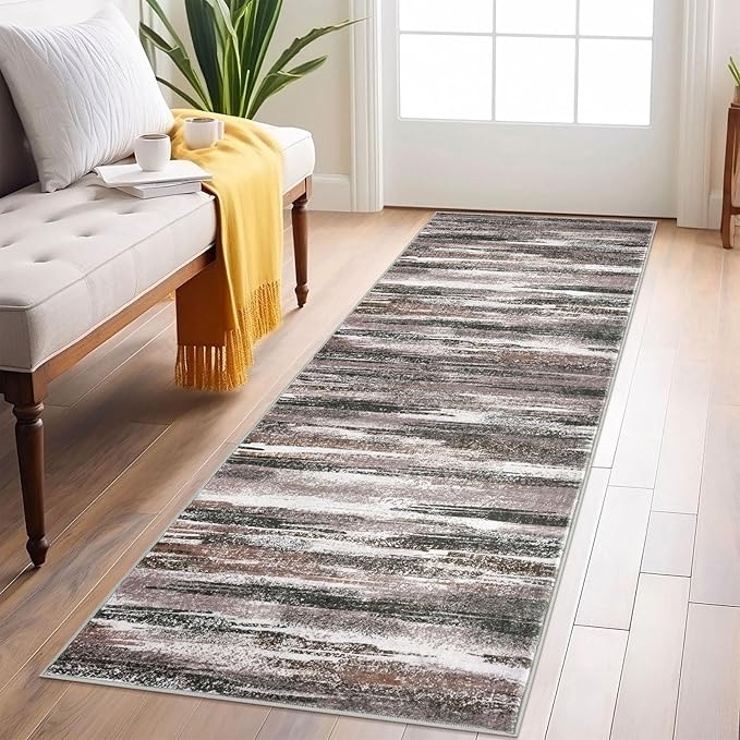 Modern Abstract Runner Rug 2x6, Dark Light Brown White Washable Kitchen Runner by lansny