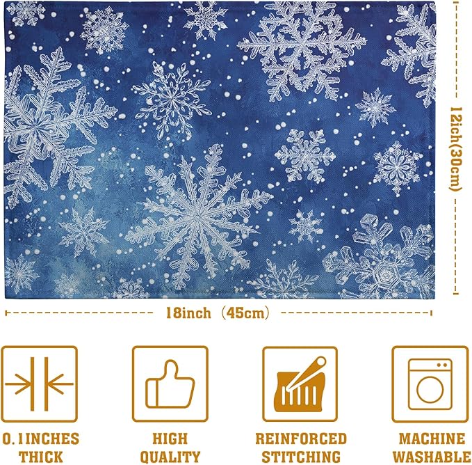 Winter Blue Snowflake Placemats Set of 4 Merry Christmas Snowflakes Linen - Image 4