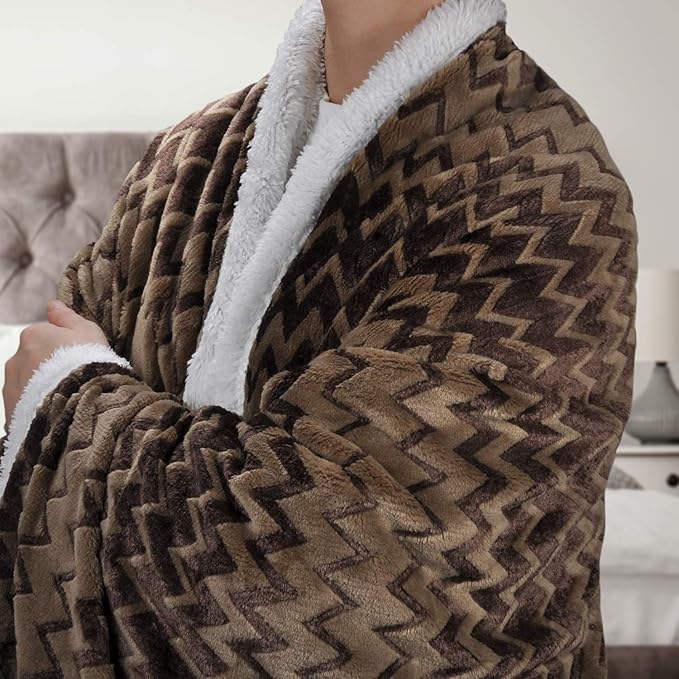 Catalonia Silky Soft Sherpa Throw Blanket, Flannel Chevron Micro Plush Fleece - Image 2