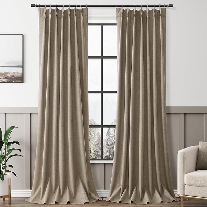 Mocha 100% Blackout Pinch Pleated Linen Curtains 108 Inches Long by Aersas