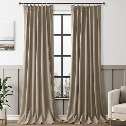 Mocha 100% Blackout Pinch Pleated Linen Curtains 108 Inches Long by Aersas