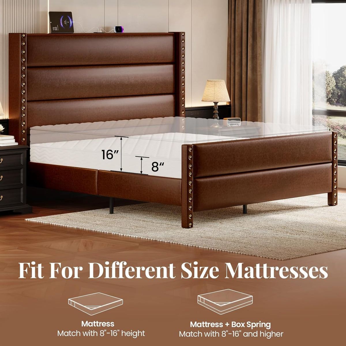queen size 55" tall faux leather platform bed showing dimensions