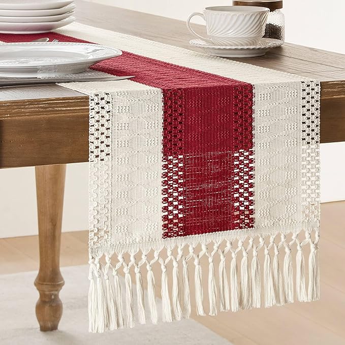 ZeeMart Macrame Style Bicolor Stitching Table Runner, 14 x 60 Inch Red/Ivory by ZEEMARTONLINE