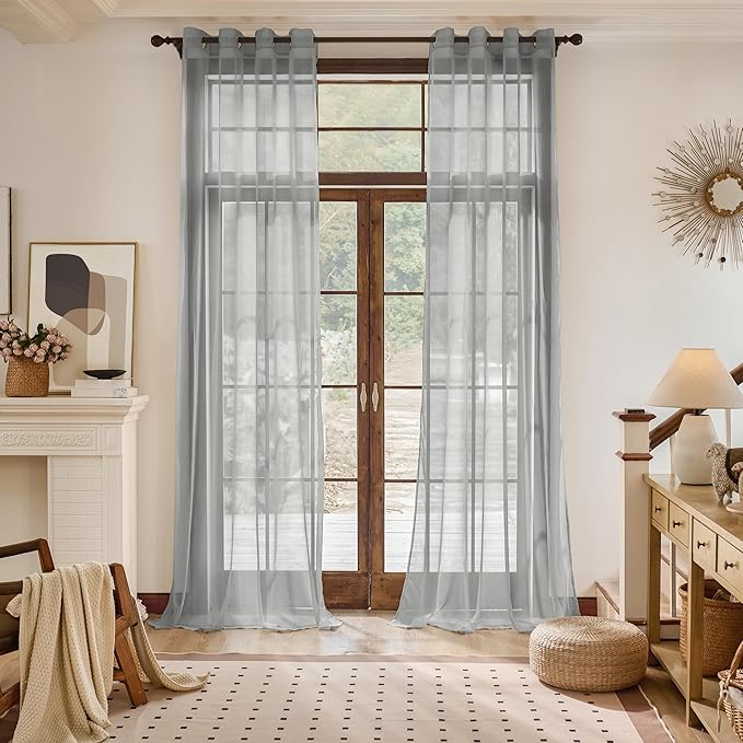Foil Stripe Grey Sheer Curtains 120 inches Length 2 Panels by MISSTIAM