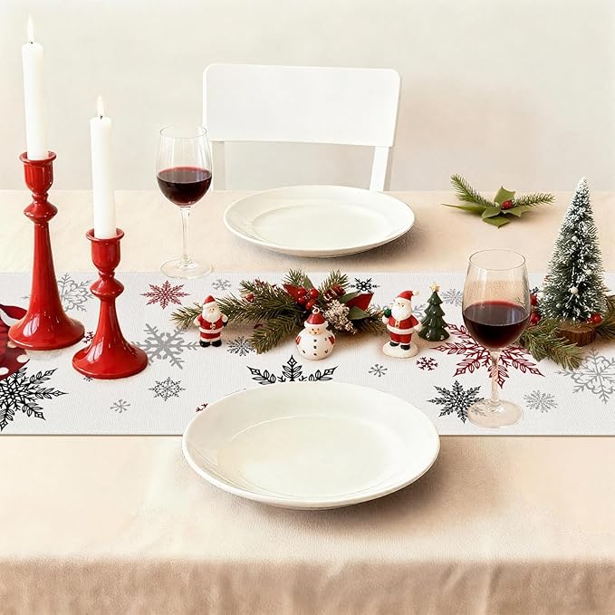 OTOSTAR Snowflakes and Red Snowman Christmas Table Runner, Xmas Seasonal Winter - Image 9