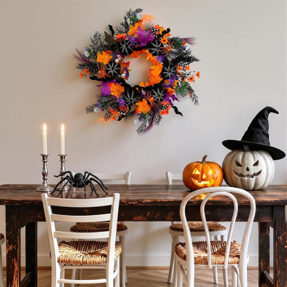KBREE 22" Halloween Wreath for Front Door, Full Gothic Spooky Autumn Wreath with Black Corduroy Pumpkins, Glitter Orange Purple Spiders & Dark Twigs, Large Halloween Party Decor for Wall Window