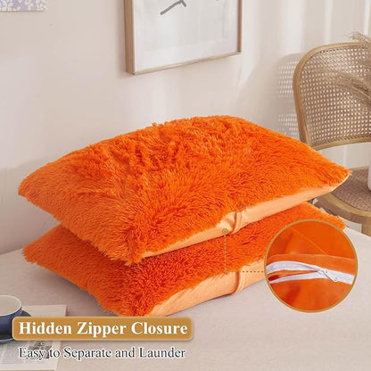XeGe Faux Fur Fluffy Pillow Cases, Soft Plush Shaggy Furry Orange Pillowcases - Image 3