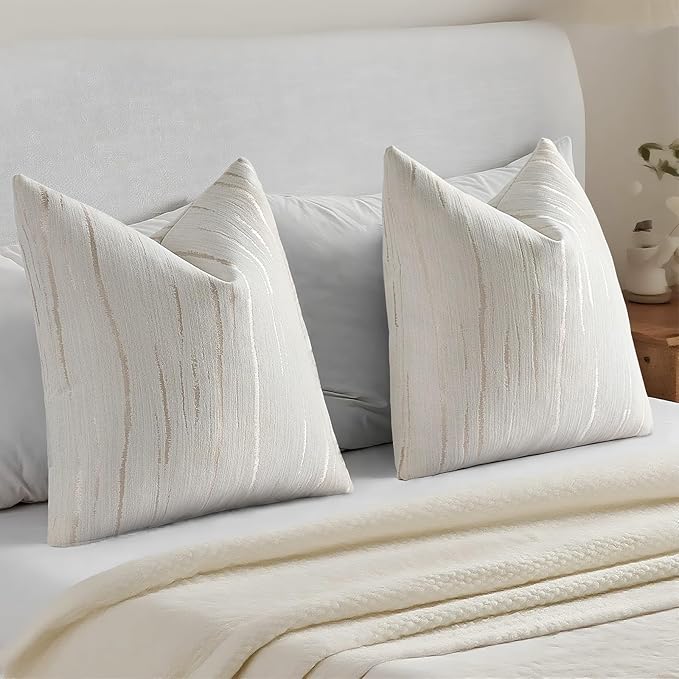 HAUSSY Cream Throw Pillow Covers 22x22 Inch Set of 2, Boho Embossed Striped - Image 6