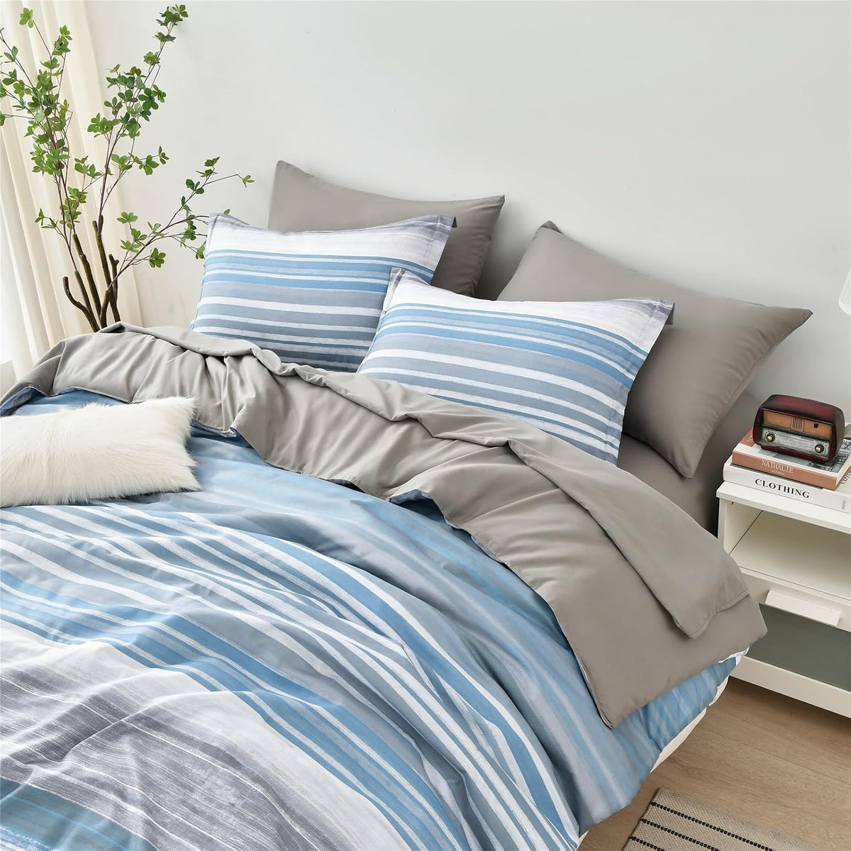 kakijumn striped comforter set full size, 7 piece showing dimensions