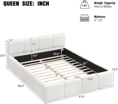 merax queen boucle platform bed with thick headboard shown in use