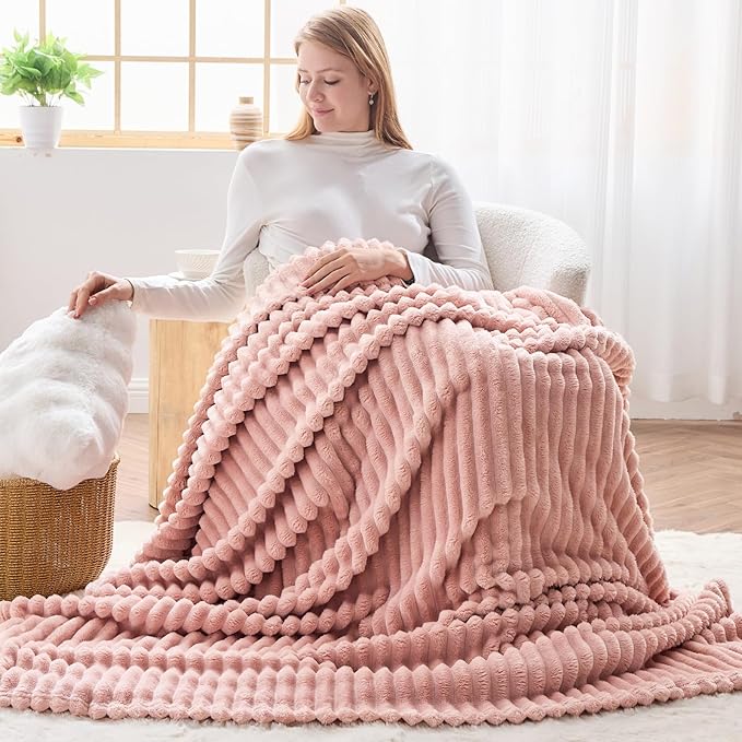 NEWCOSPLAY Super Soft Twin Blanket Pink Premium Silky Flannel Fleece 3D Ribbed - Image 6