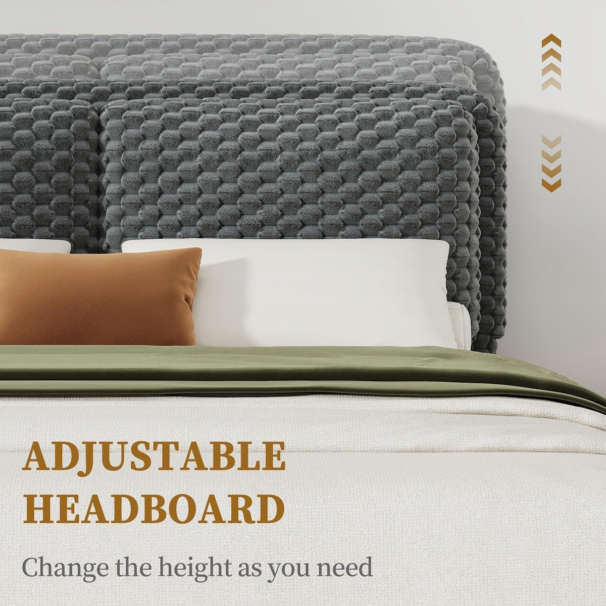 revominca full size bed frame with headboard, upholstered showing dimensions