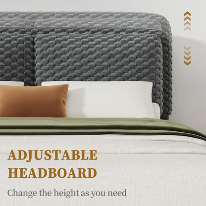 revominca full size bed frame with headboard, upholstered showing dimensions