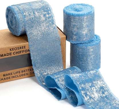 Deep Sky Blue Silk Chiffon Ribbon, Dusty Blue Frayed Shimmery Silk Ribbon by KEOSREE