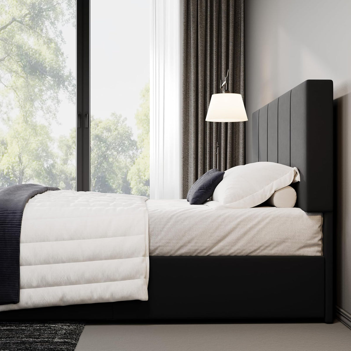 allewie queen size dutch velvet upholstered platform bed, front angle view
