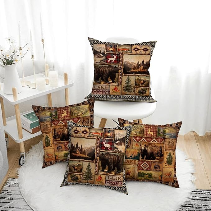 Vintage Rustic Lodge Bear Pillow Covers 18x18 Inch Set of 4, Farmhouse Cabin - Image 5