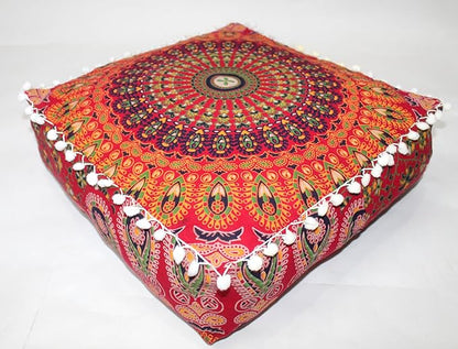 CRAFT KALA Red Peacock Large Hippie Mandala Meditation Floor Ottoman Pillow by CRAFTKALA
