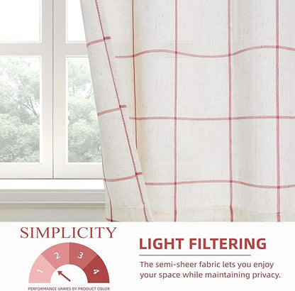 DriftAway Kitchen Curtains Striped Tier Linen Short Curtains Windowpane Plaid - Image 3