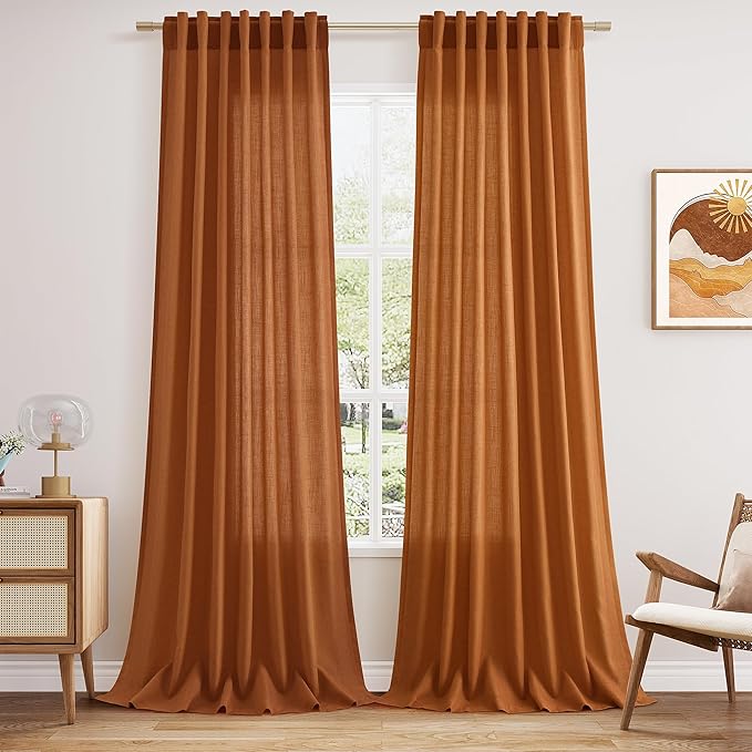 Desert Orange Semi Sheer Curtains 120 Inches Set Back Tab Loop Pocket Linen by Nanspring