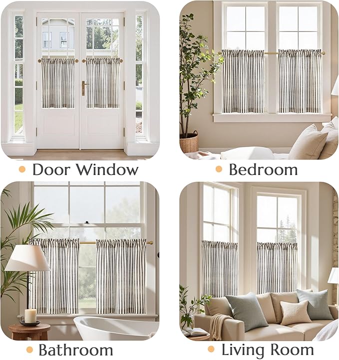 jinchan Striped Linen Kitchen Curtains 24 Inches Length Tier Curtains Farmhouse - Image 4