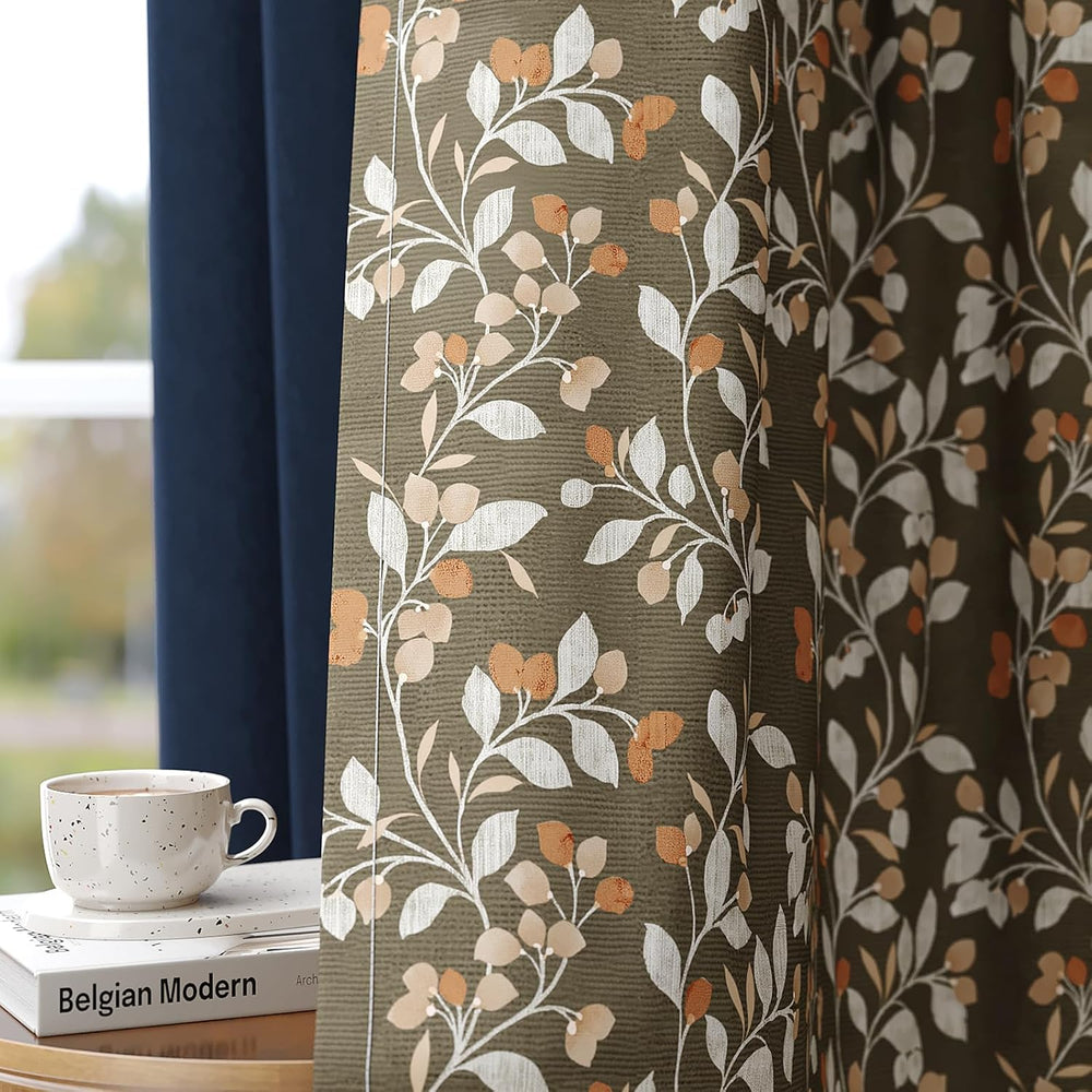 Vintage Floral Blackout Curtains Botanical Print 63 Inch 2 Panels Taupe