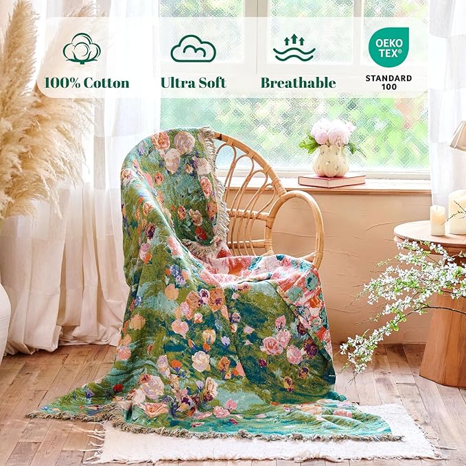 MSGKV Boho Throw Blanket for Bed Cotton Floral Twin Size Couch Blanket 60"x80" - Image 2