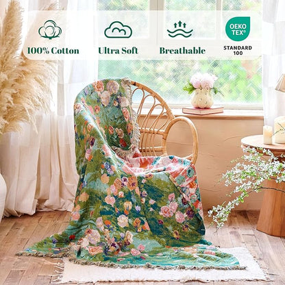 MSGKV Boho Throw Blanket for Bed Cotton Floral Twin Size Couch Blanket 60"x80" - Image 2