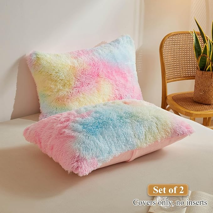 XeGe Rainbow Faux Fur Fluffy Throw Pillow Cases, Plush Shaggy Soft Furry - Image 2