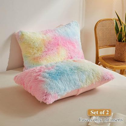 XeGe Rainbow Faux Fur Fluffy Throw Pillow Cases, Plush Shaggy Soft Furry - Image 2