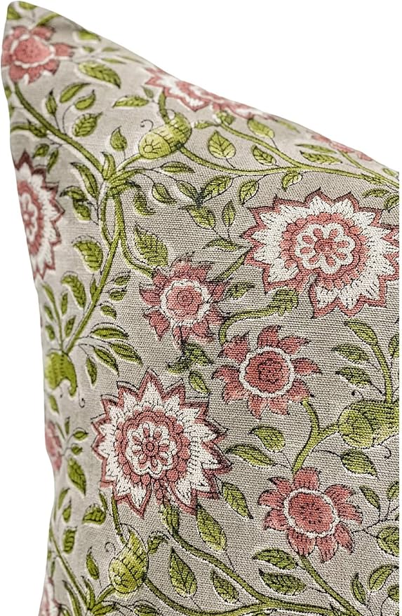 Designer Flowers Printed on Natural Linen Pillow Cover | Boho Pillow, - Image 5