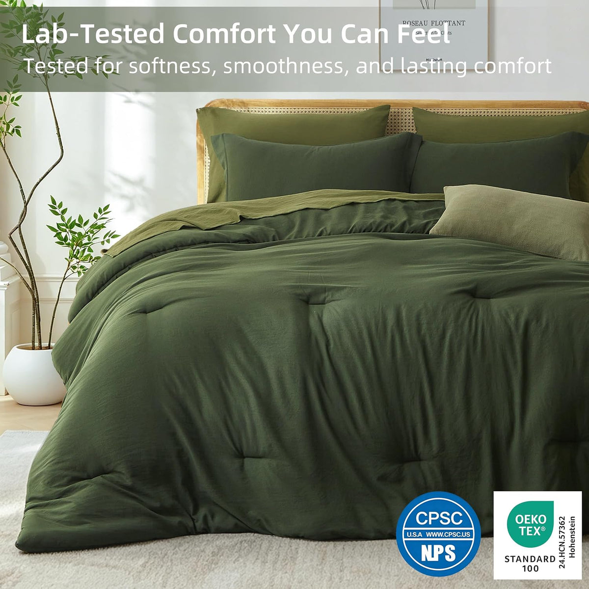 full size comforter set-7 pieces soft dark green, side view