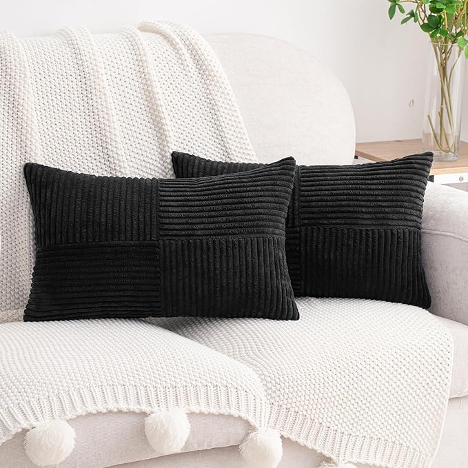 HWY 50 Black Corduroy Patchwork Throw Pillow Covers 12x20 Inch Rectangle by HWY50