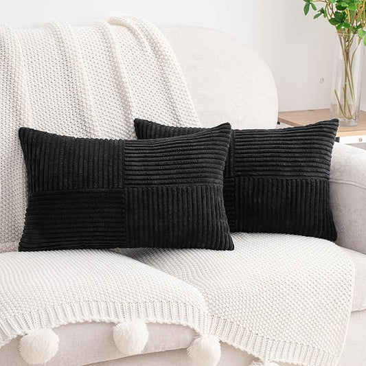 HWY 50 Black Corduroy Patchwork Throw Pillow Covers 12x20 Inch Rectangle by HWY50
