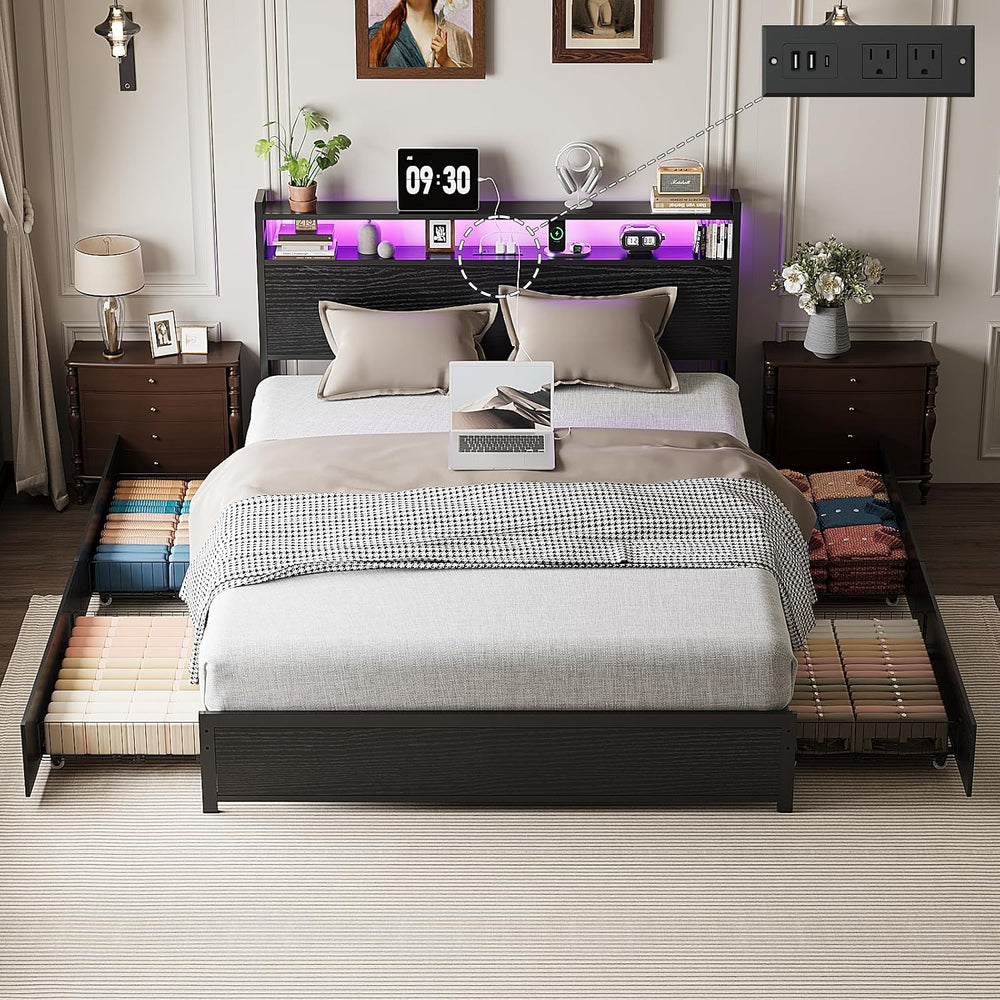 VINGLI Queen Platform Bed Frame with 4 Storage Drawers and Adjustable Headboa...