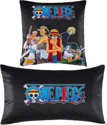 One Piece 2-Pc Cushion Cover Set, Pillow Covers for Bed, Couch, Rectangular 20x12 in, Square 14 x14 in, Luffy Straw Hat Anime Gifts for Boys