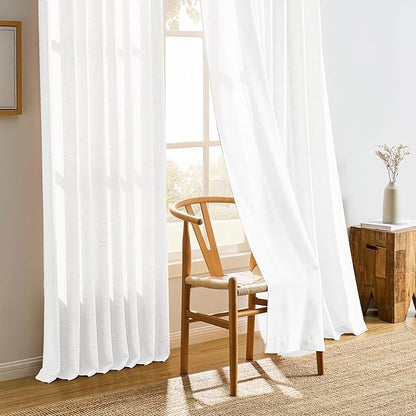 White Linen Pinch Pleated Semi Sheer Curtains 2 Panels 45 Inches Long, Back Tab - Image 6