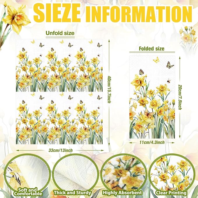 Peryiter 100 Pcs Spring Floral Daffodils Paper Napkins 13 x 15.7 Inch Yellow - Image 2