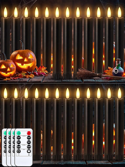 Funtery 24 Pcs Halloween Black Flameless Taper Candles with Remote Timer