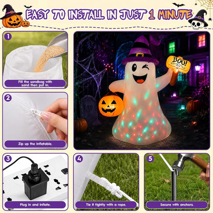 4.5 FT Halloween Inflatables Ghost with Pumpkin Boo, Halloween Decorations Outdoor with Build-in LED Lights Blow Up Cute Wizard Ghost Inflatables for Garden Lawn Yard Party Decor
