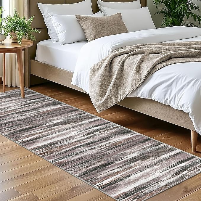 Modern Abstract Bedroom Runner Rug 2x7, Dark Light Brown White Washable Kitchen by lansny